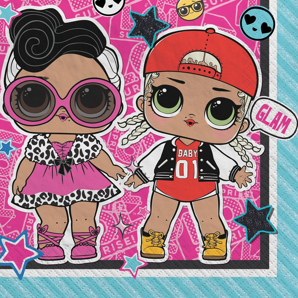 Bright pink square napkin featuring two LOL Surprise dolls with large eyes, one in sunglasses and a pink dress, the other in