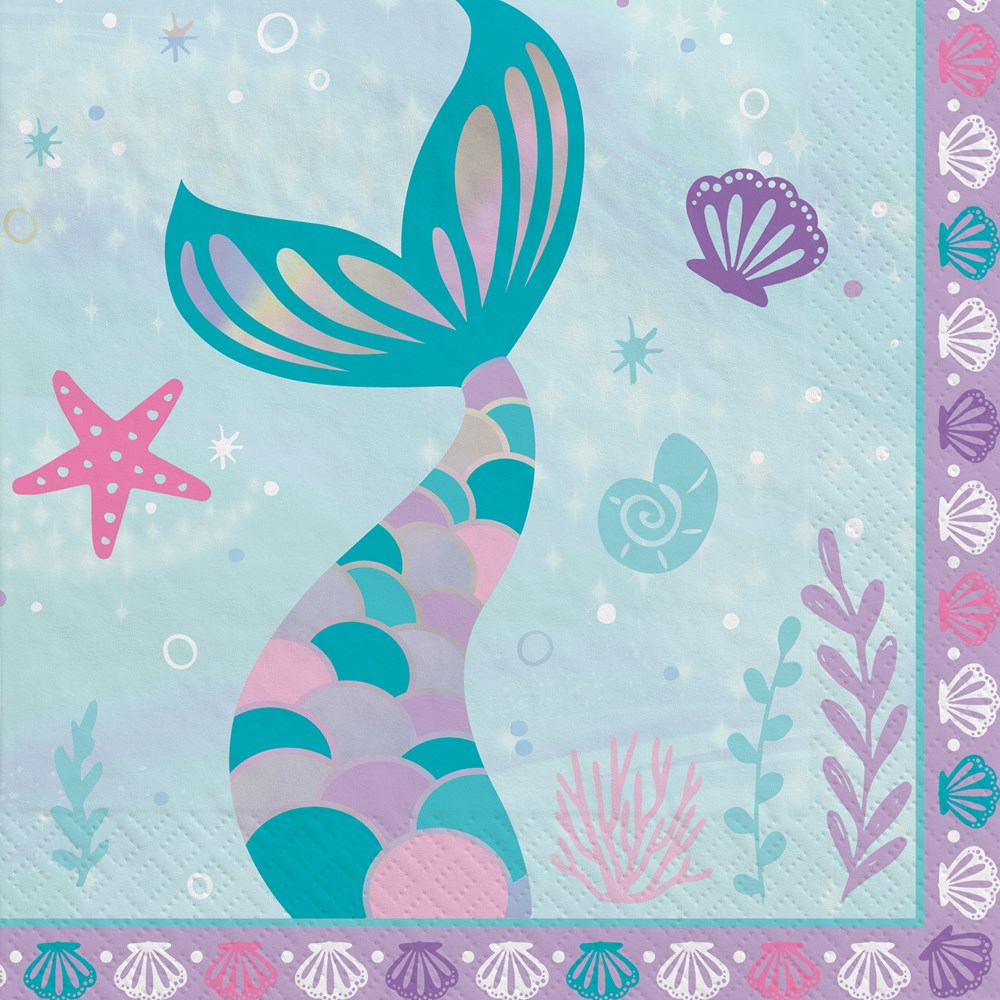 Light blue luncheon napkin with shimmering teal and pink mermaid tail, purple seashells, starfish, and coral accents.