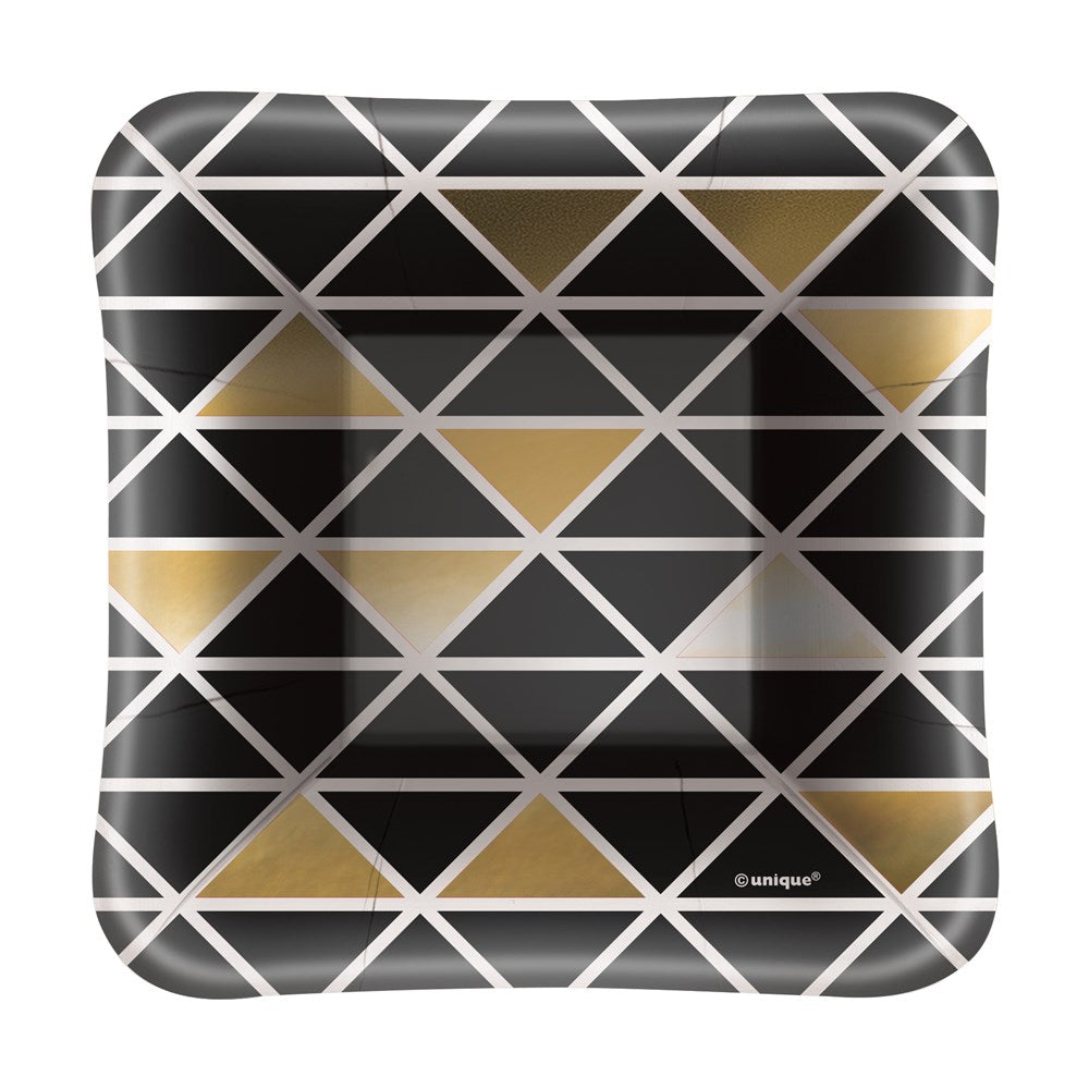 Square party plate with glossy black and gold diamond pattern and silver grid lines, small size.