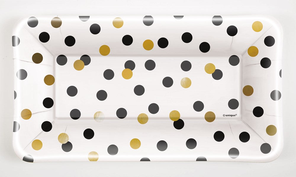 White rectangular party plate with black and gold polka dots, disposable material.