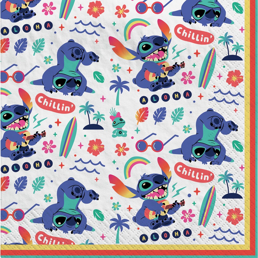 Colorful lunch napkins featuring multiple playful Stitch characters with surfboards, palm trees, flowers, and "Chillin'".