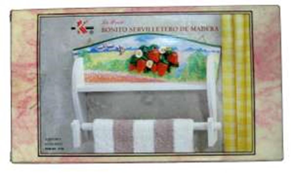 White towel holder with a curved top panel featuring a hand-painted strawberry and floral design, mounted on a beige backing
