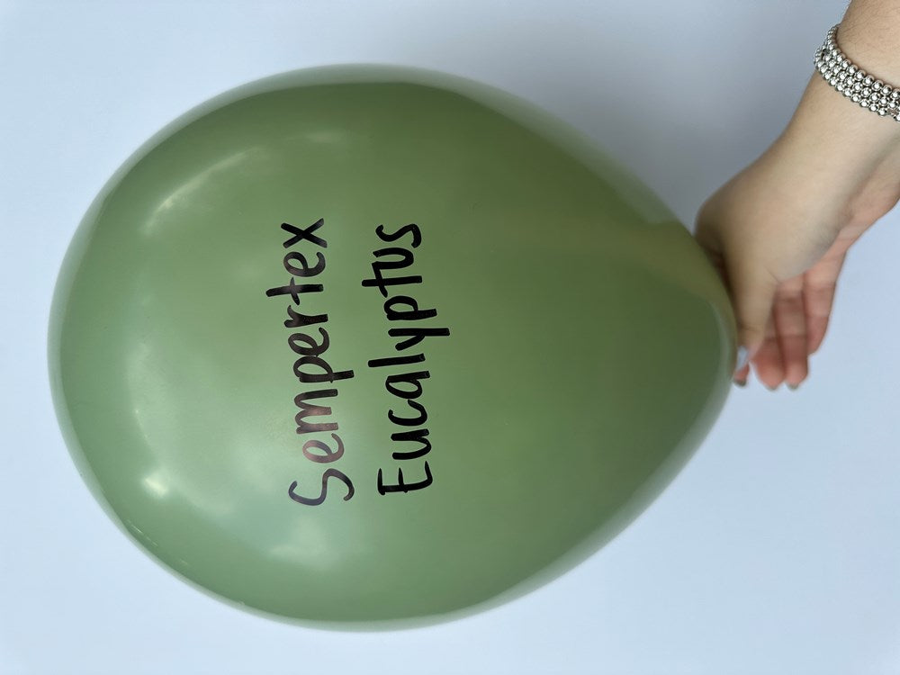Matte eucalyptus green latex balloon inflated, teardrop shape, Sempertex Eucalyptus text in black.