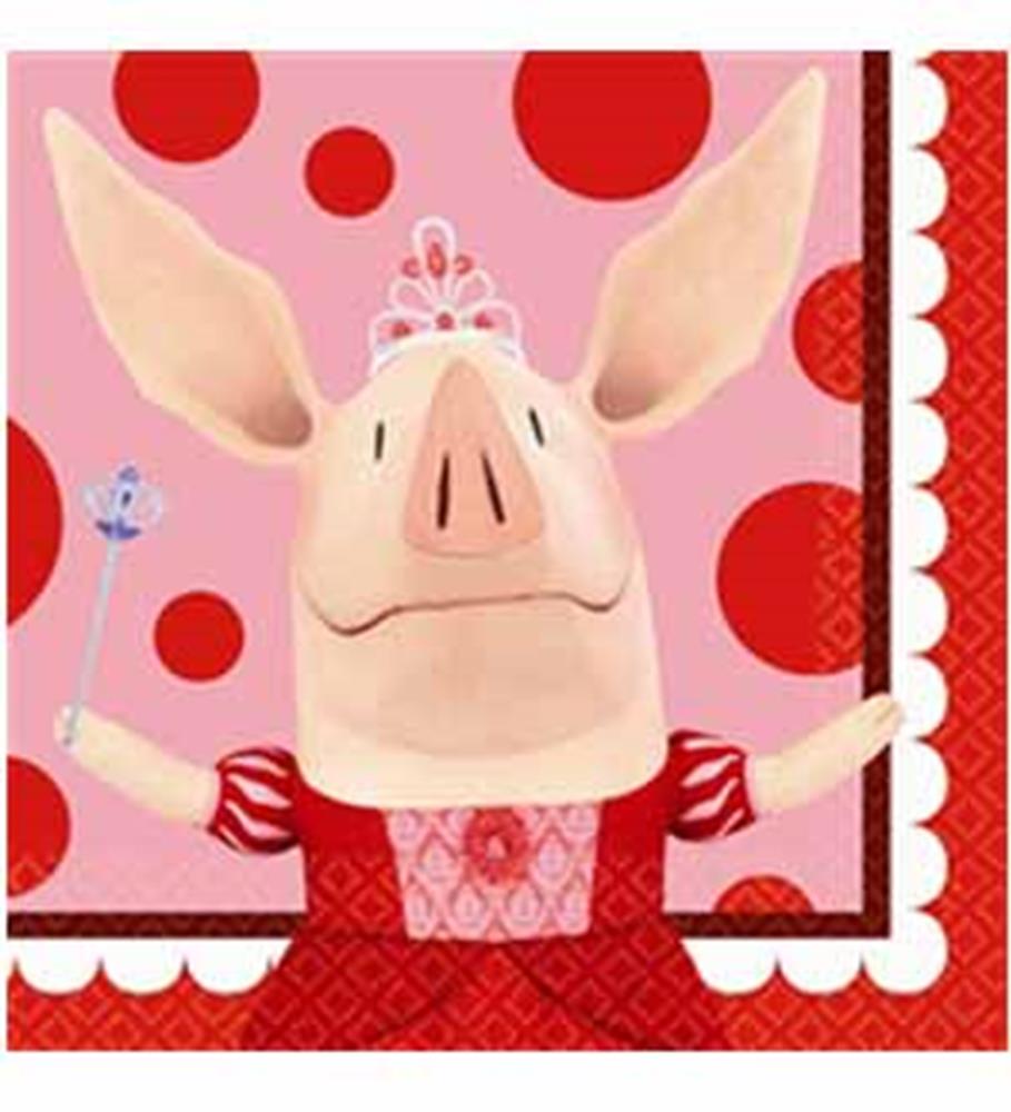 Napkin with pink pig wearing a red dress and crown, red polka dot and scalloped border on pink background.