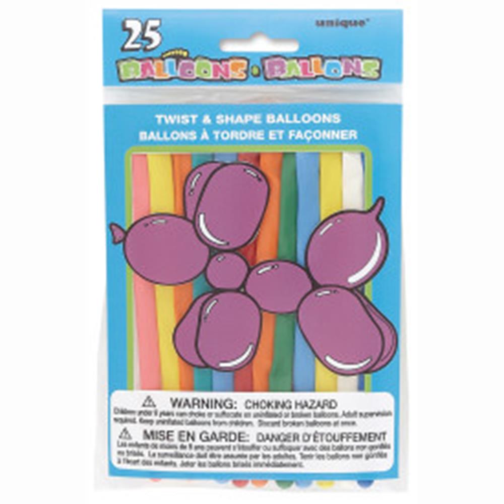 Pack of 25 twist and shape latex balloons in assorted colors with balloon dog illustration on packaging.