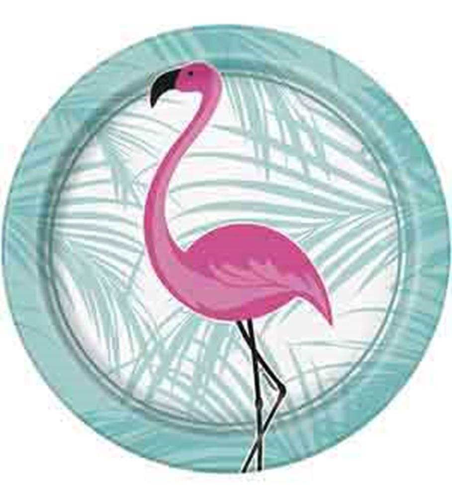 Round paper plate with a teal rim, featuring a pink flamingo and light palm leaf pattern background.
