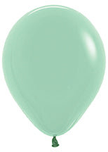 Pastel dusk green latex balloon, 5-inch round, smooth surface, tied end visible.