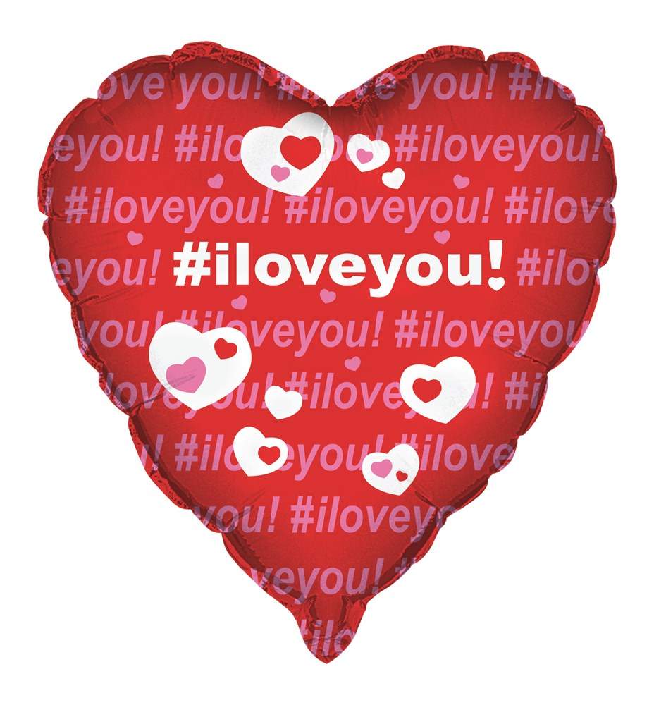 Red heart-shaped foil balloon with white #iloveyou! text and small heart graphics, 18 inches.