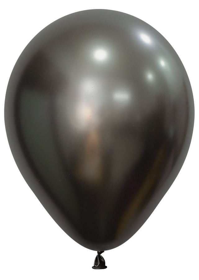 Shiny midnight grey 5-inch latex balloon with a smooth silk finish and tied end.