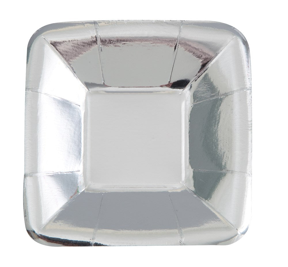 Square silver foil appetizer plate with slightly raised edges and a shiny finish.