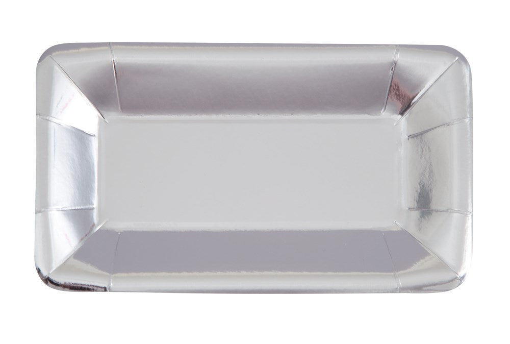 Rectangular silver foil appetizer plate with slightly raised edges and a smooth reflective surface.