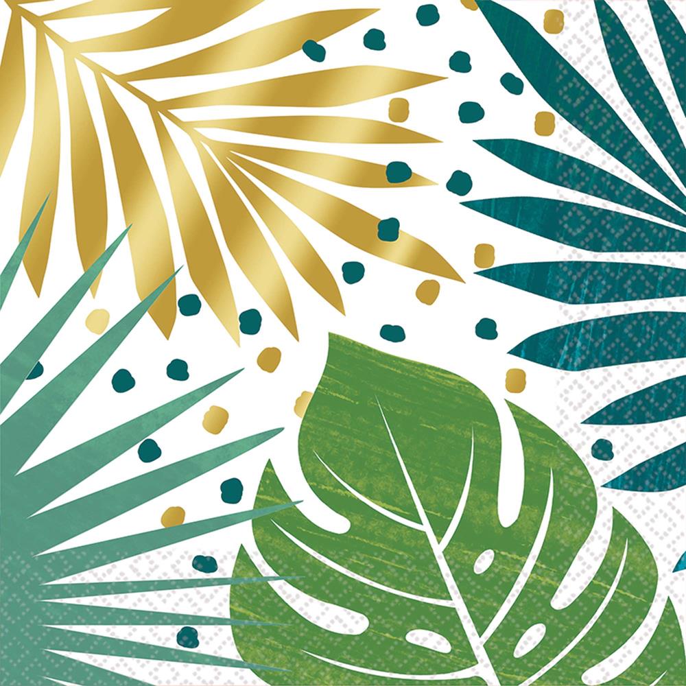 Square luncheon napkins with tropical leaf prints in green, teal, and gold on a white background with scattered gold and.