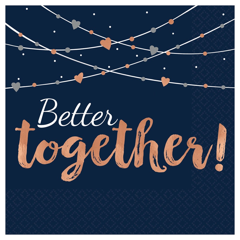 Navy blue luncheon napkin with rose gold string lights and hearts, "Better together!" script text.