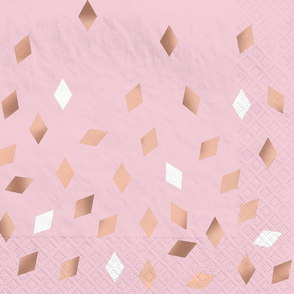 Soft pink luncheon napkin with rose gold and white diamond foil accents, 16-count pack.