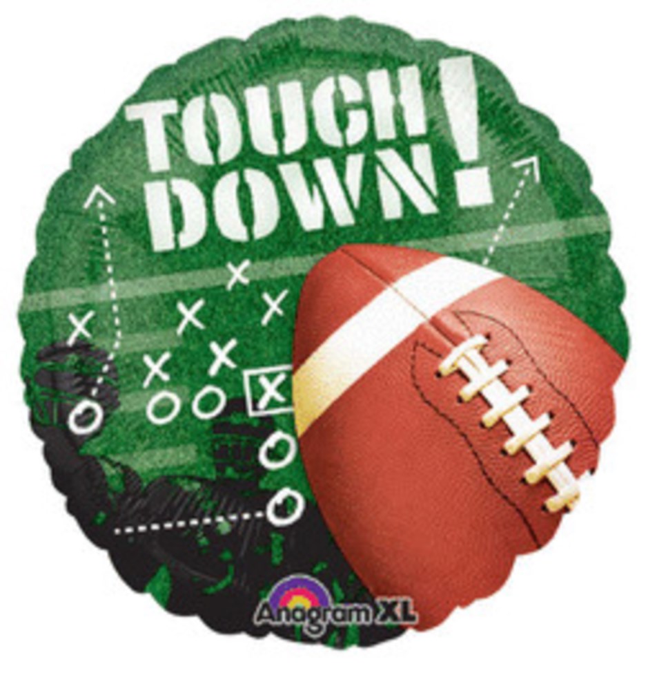 18-inch round foil balloon with green football field design, white "TOUCH DOWN" text, and a large brown football graphic.