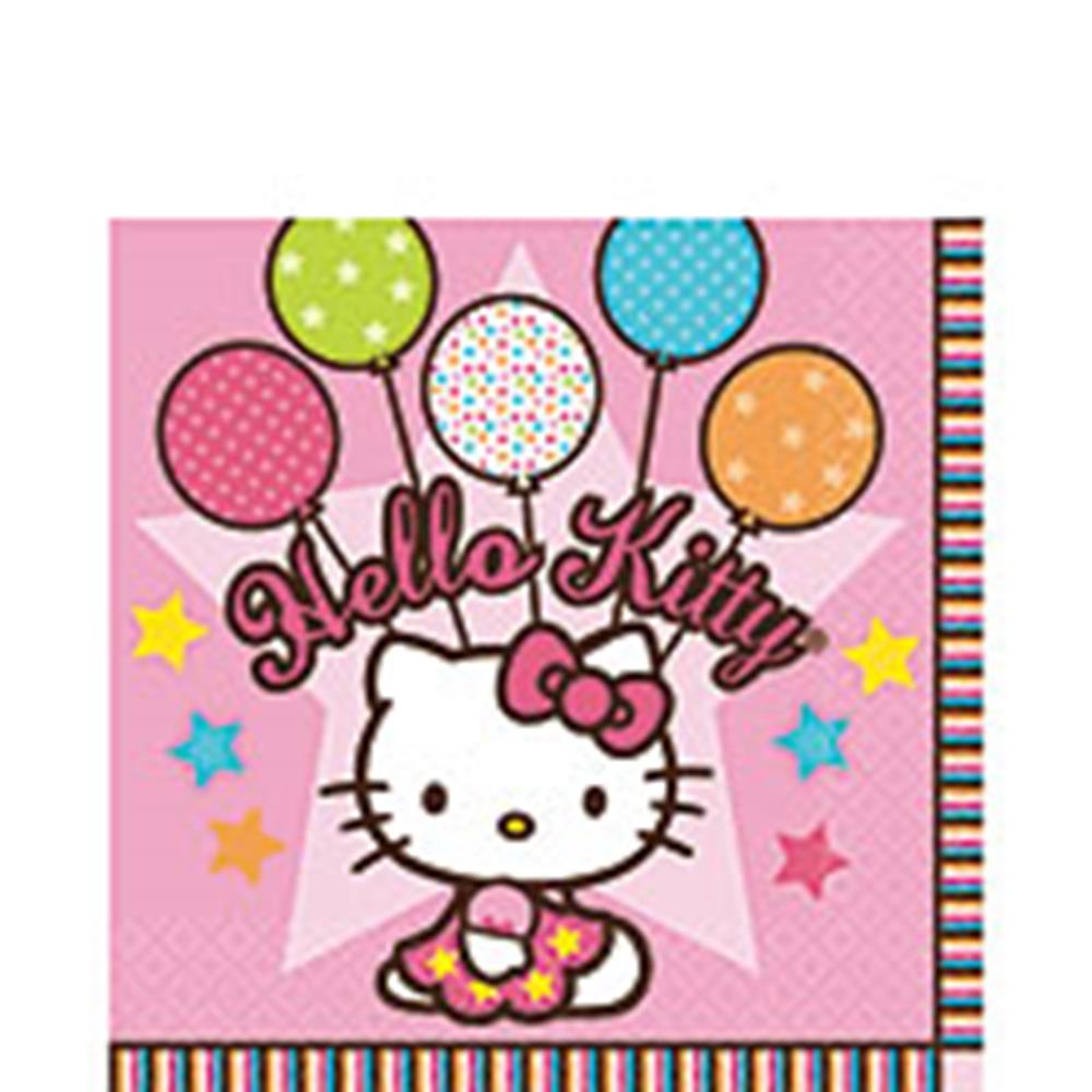 Pink napkin with Hello Kitty holding colorful balloons and surrounded by multicolored stars and striped border.