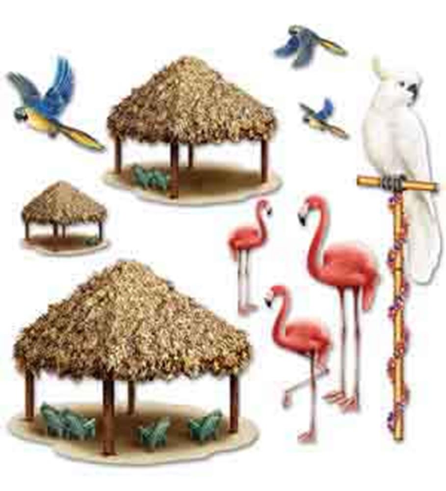 Thatched Luau tiki huts with green foliage bases and colorful tropical bird props including pink flamingos, blue parrots,.