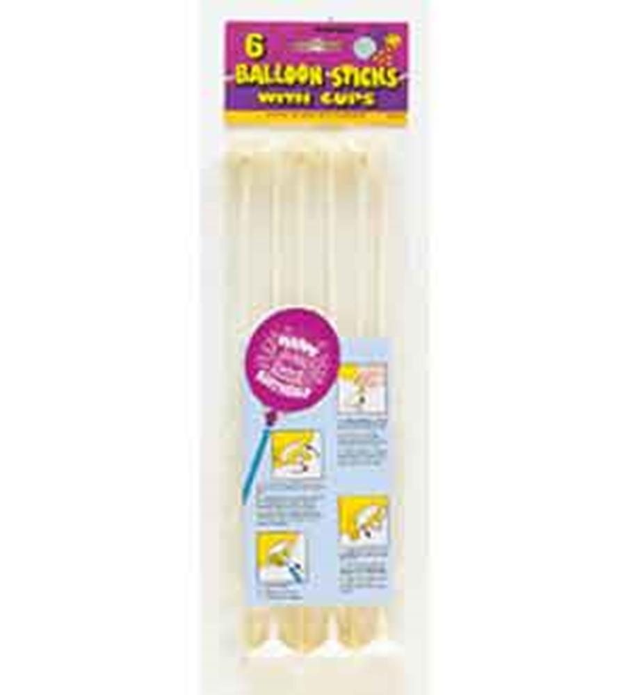 Set of six clear plastic balloon sticks with attached transparent cups, 12 inches long, packaged with purple and yellow.