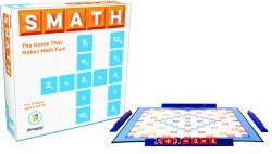 Smath Game board with blue and white math problem tiles, orange scoring rack, and blue pens on a blue-bordered board.