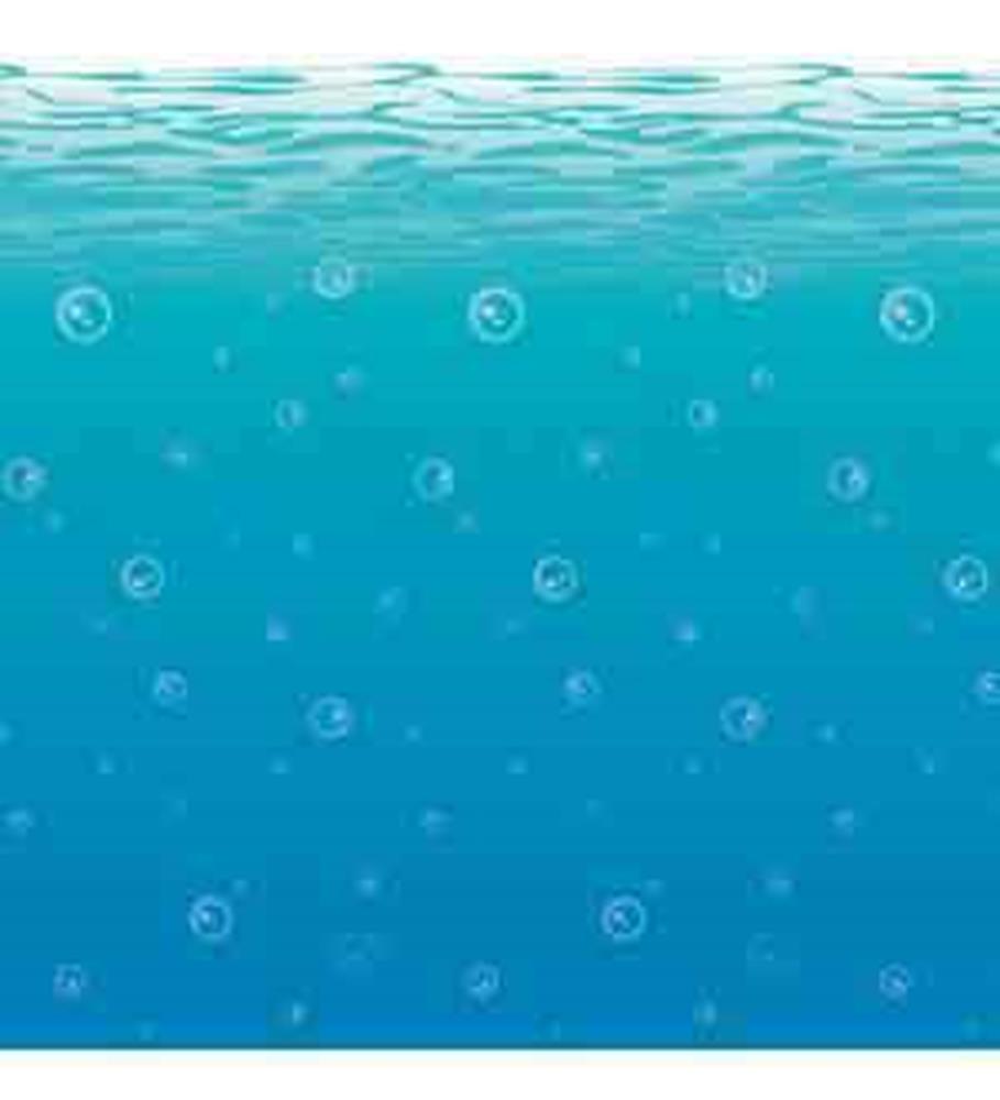 Blue underwater backdrop with bubbles rising and light reflections on water surface.