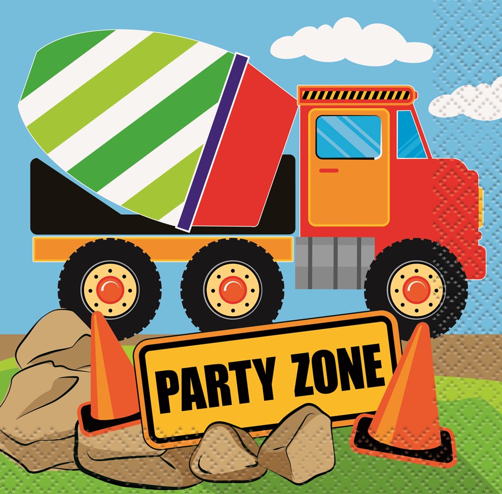 Colorful cement mixer truck with orange cones and a "Party Zone" sign on construction site napkin design.