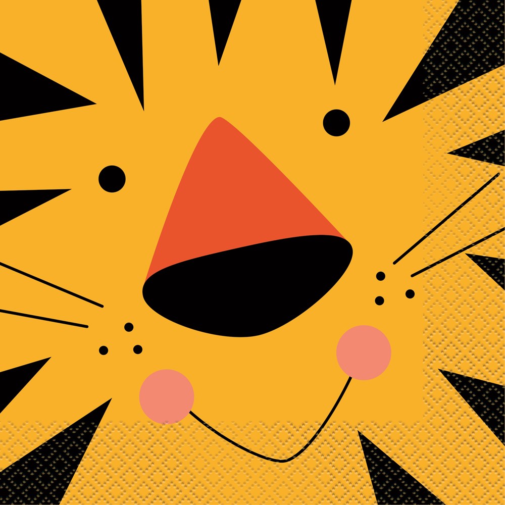 Yellow napkin with a bold tiger face design featuring black stripes, a large red nose, and pink cheeks.