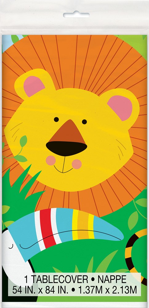 Rectangular jungle animal tablecover with colorful cartoon lion face and green leaf accents, 54x84 inches.