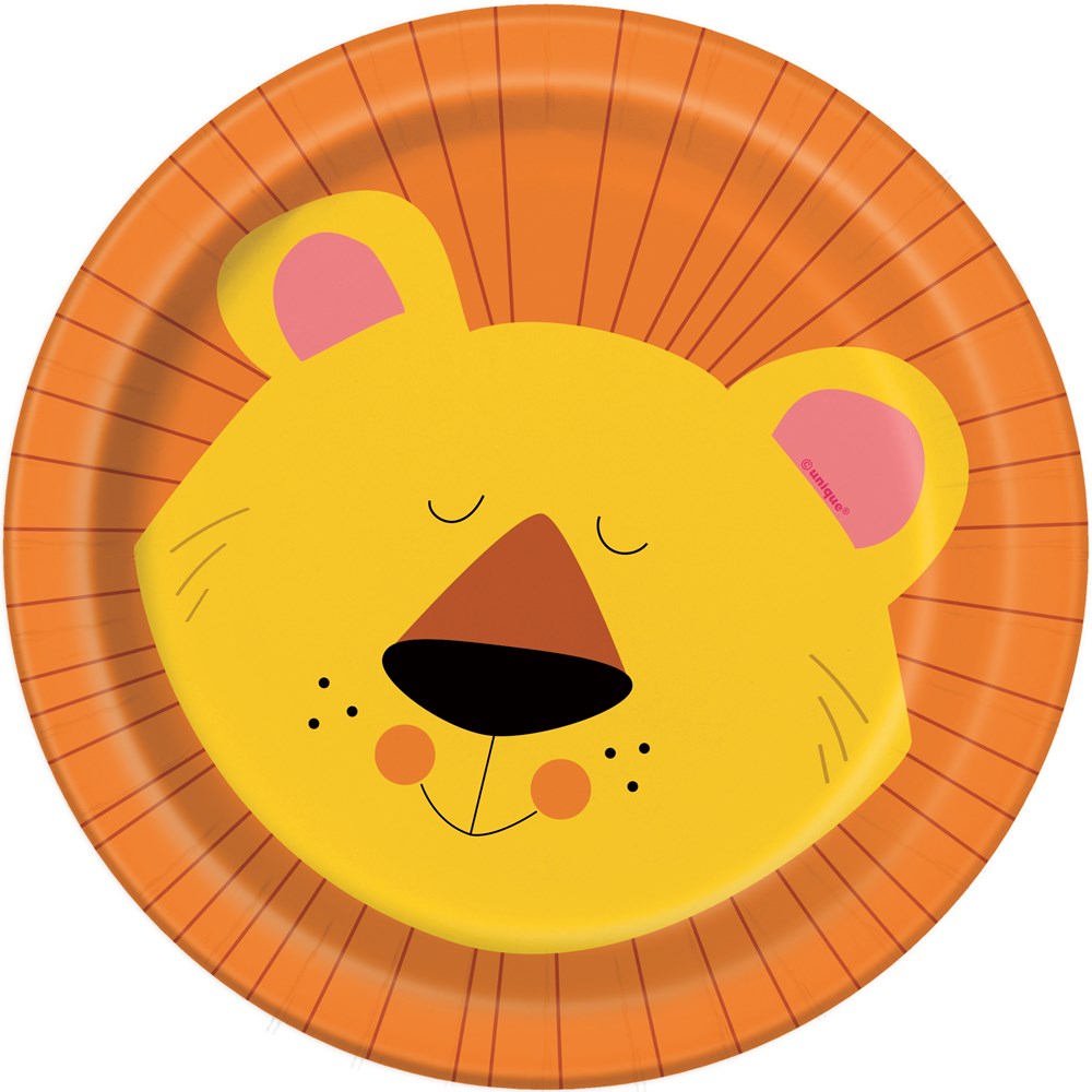 Round orange paper plate with a smiling yellow lion face and pink ears, cartoon style.