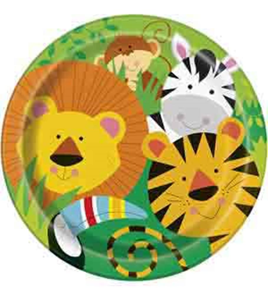 Round paper cup with colorful cartoon jungle animals including a lion, tiger, zebra, monkey, and snake on a green leafy.