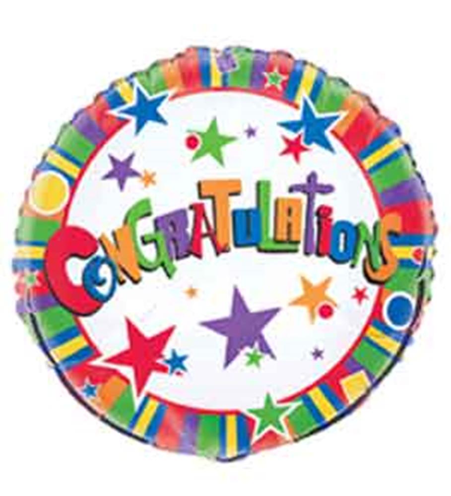 Round foil balloon with colorful "Congratulations" text and multicolored stars on white background with striped border.
