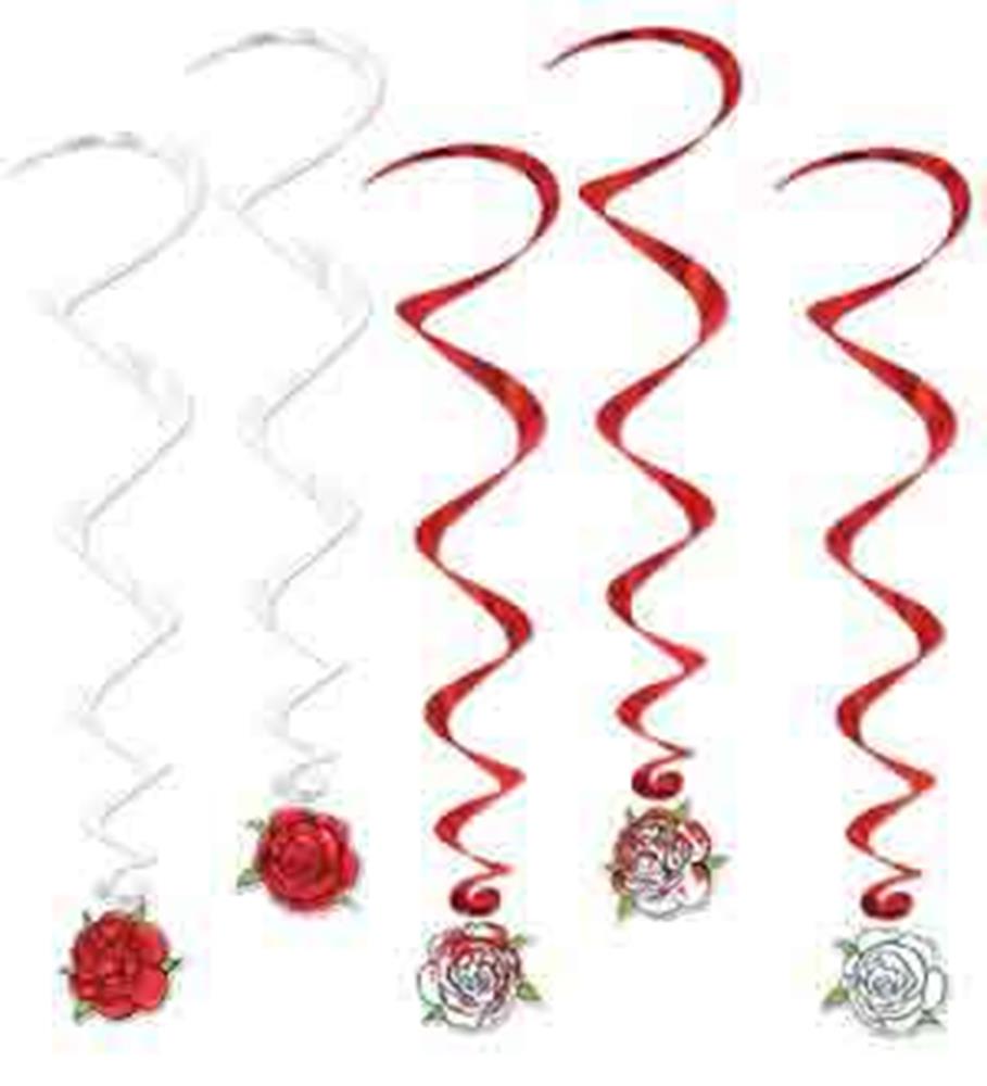 Red and white spiral hanging decorations with rose charms at the ends, perfect for parties.