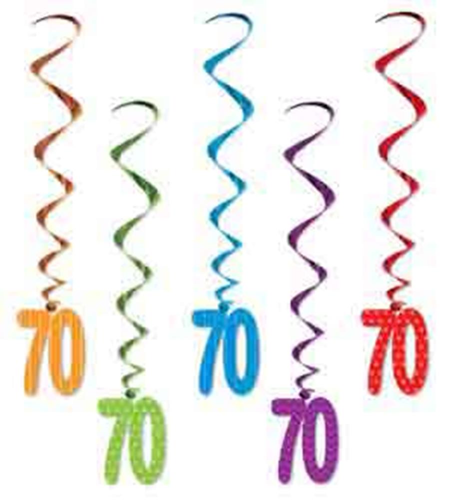 Colorful spiral hanging decorations in orange, green, blue, purple, and red, each with a hanging "70" at the bottom.