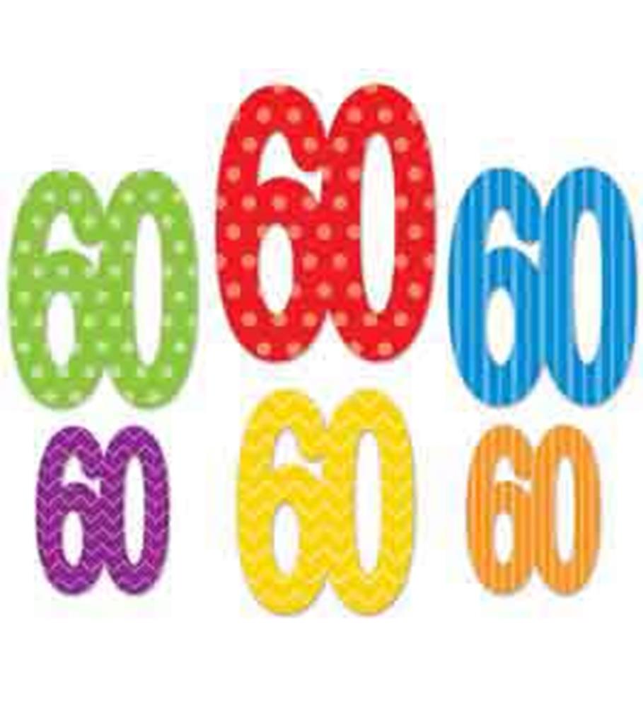 Colorful 60-shaped cutouts in green, red with white polka dots, blue stripes, purple, yellow, and orange designs.