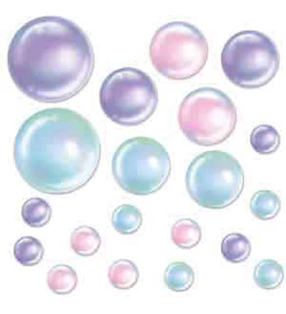 Colorful pastel bubble cutouts in shades of blue, purple, and pink with a glossy, translucent appearance.