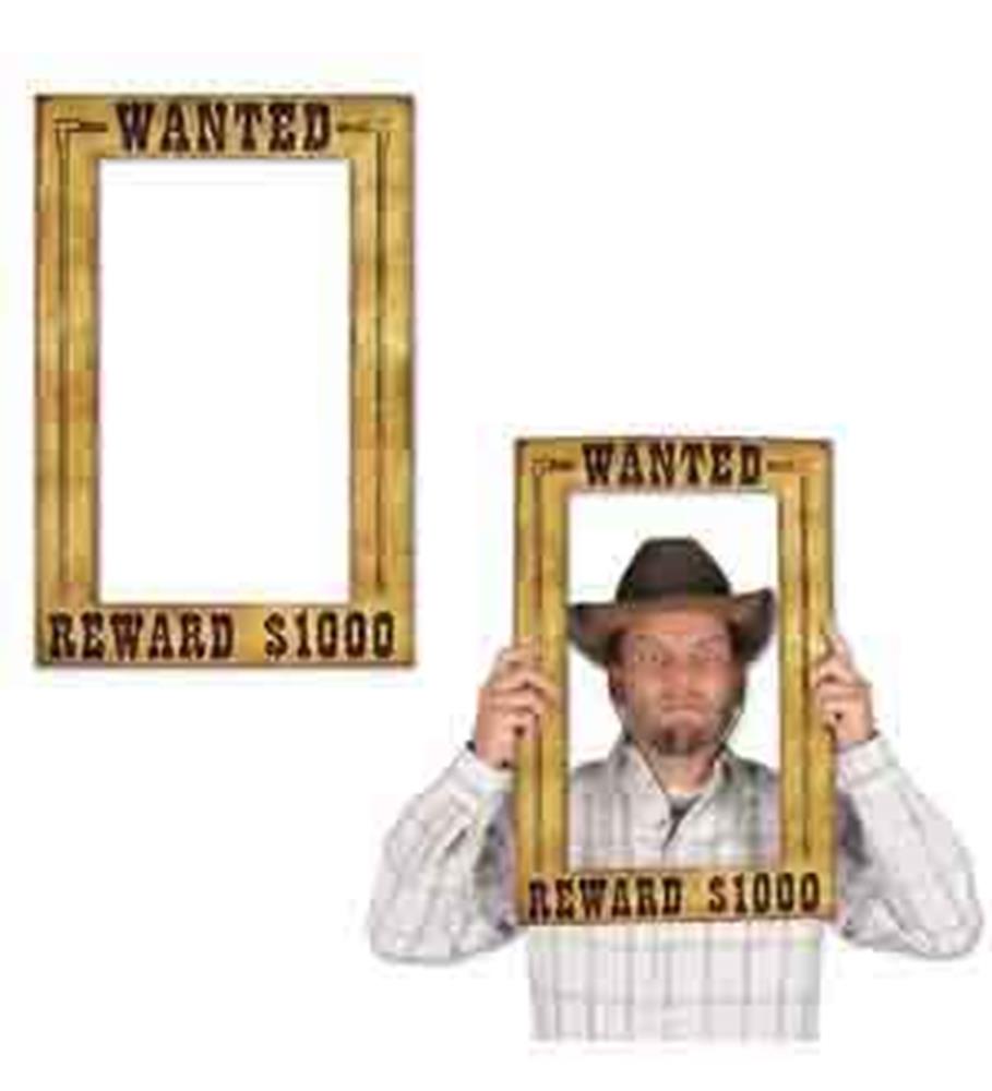 Wooden-style rectangular Western "Wanted" photo frame with reward text in bold black letters.