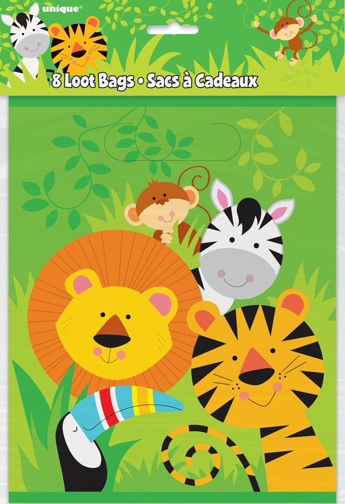 Green loot bag with cartoon lion, tiger, zebra, monkey, and toucan jungle animals on front.