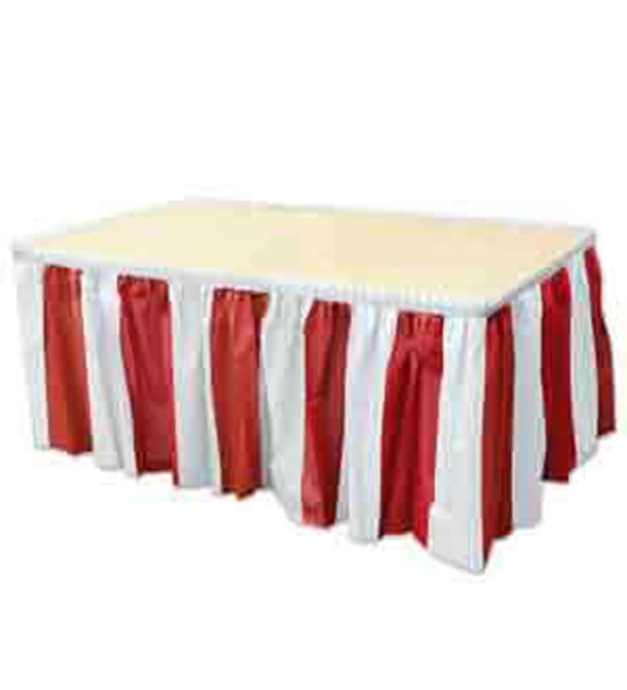 Red and white vertical striped fabric tableskirt with pleated design for rectangular table.