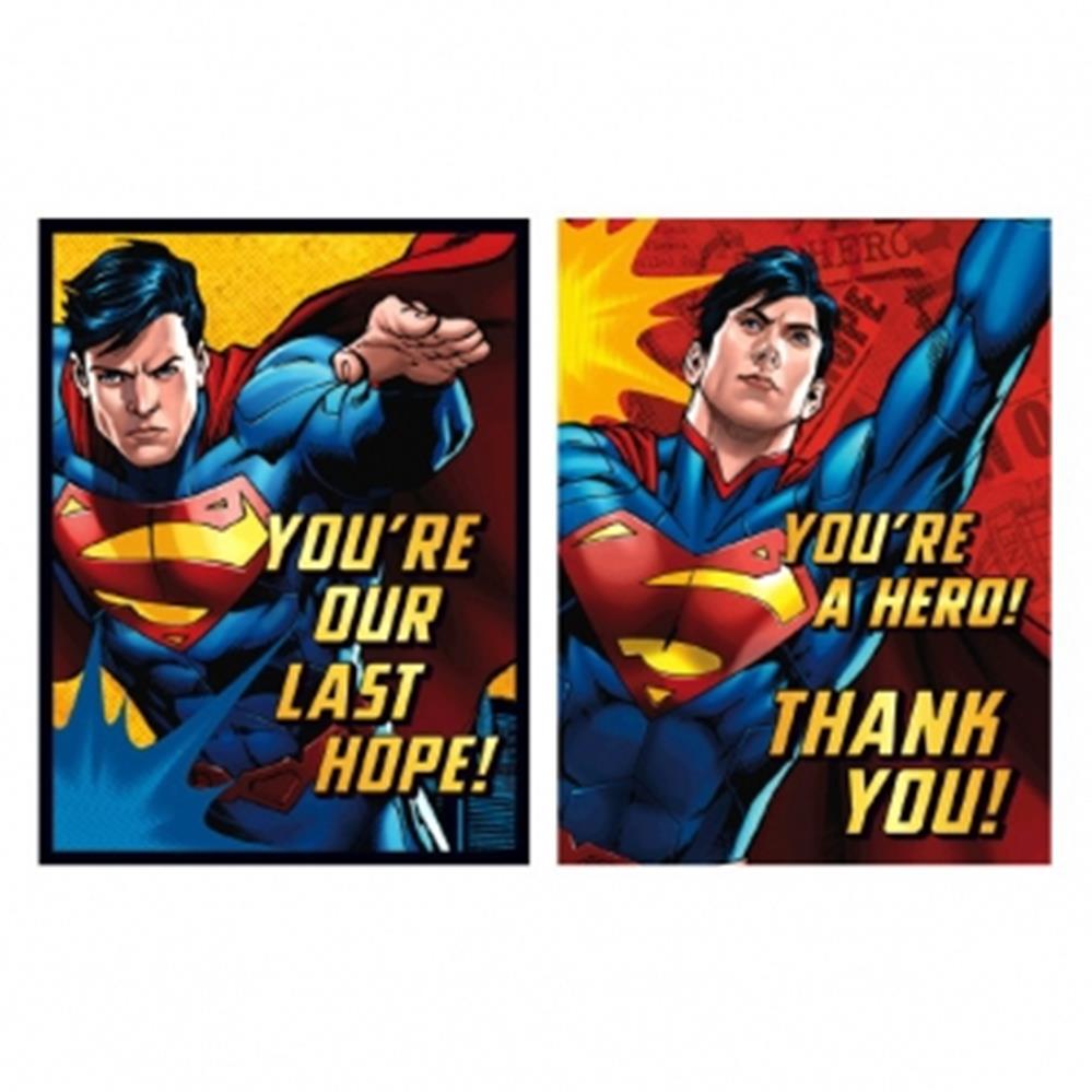 Set of two Superman-themed invitations with bright red and blue backgrounds, featuring Superman in action poses and bold.