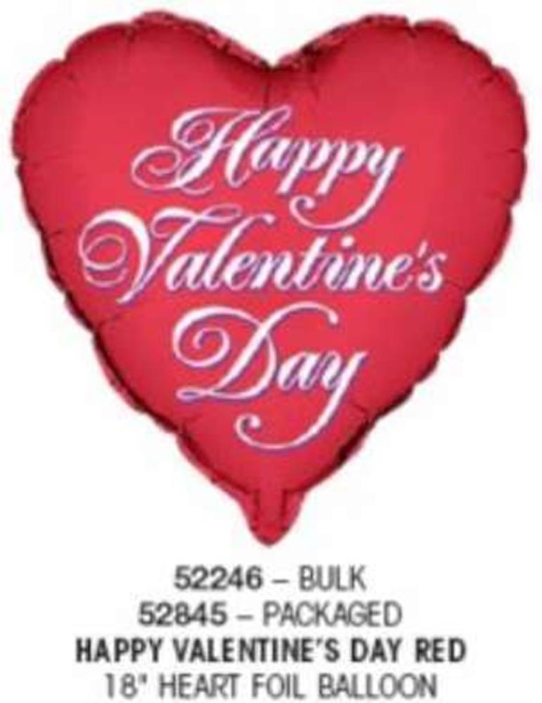 Red foil heart-shaped balloon with "Happy Valentine's Day" in elegant white script, 18 inches.