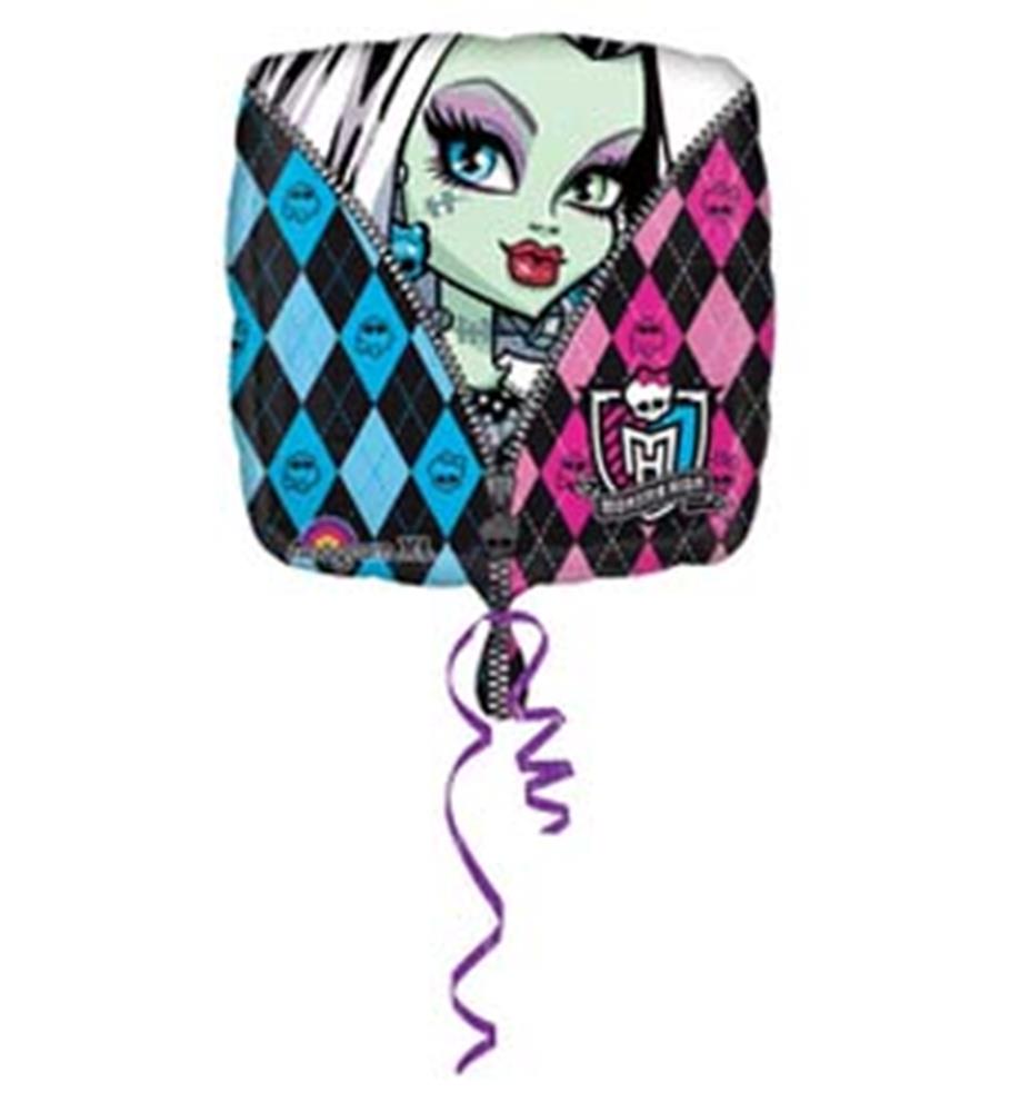 Square silver mylar balloon with black, purple, and blue diamond pattern featuring a green-skinned Monster High character.