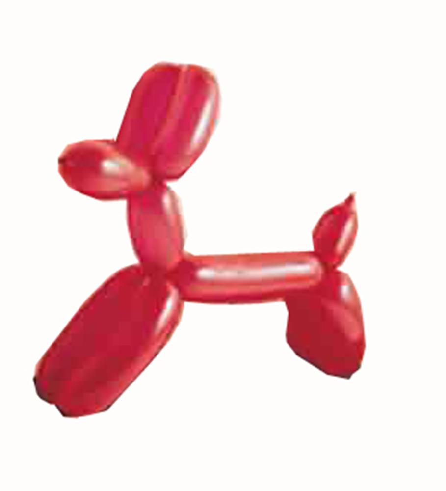 Red latex balloon twisted into a dog shape with rounded legs and tail.