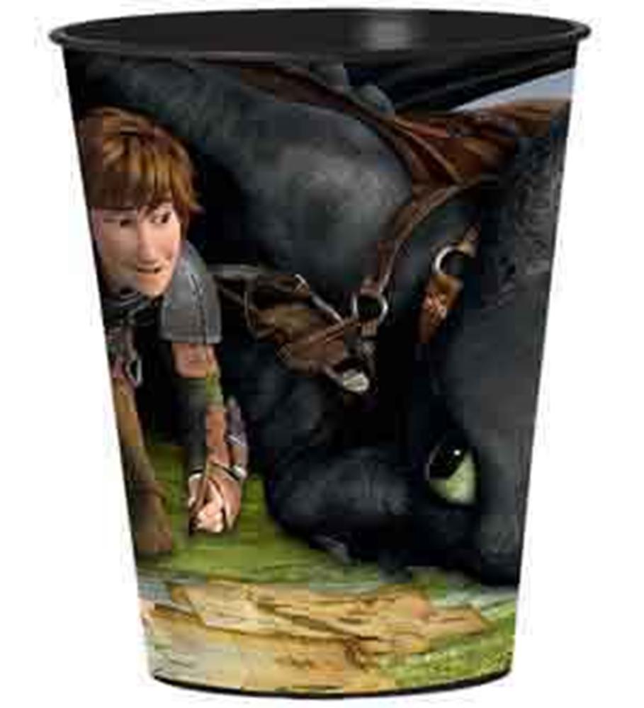 16oz plastic favor cup featuring How To Train Your Dragon characters Hiccup and Toothless with vibrant colors.