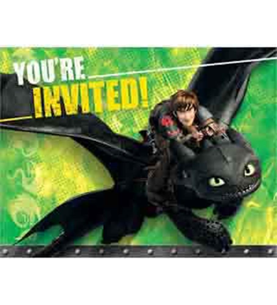 Colorful invitation card featuring animated boy riding a black dragon with green eyes on a green and yellow background, text