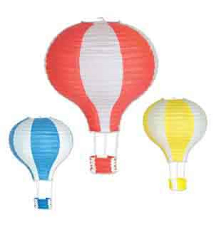 Three colorful paper lanterns shaped like hot air balloons in red and white, blue and white, and yellow and white.