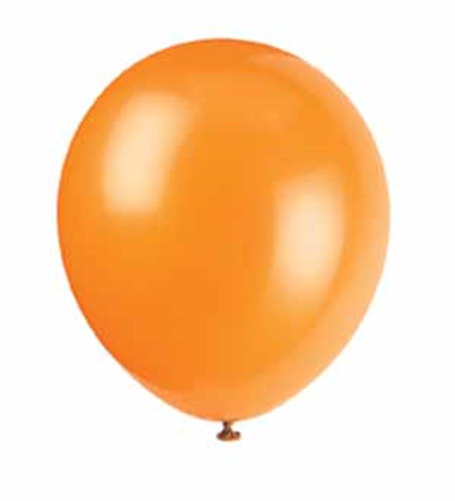 Glossy pumpkin orange latex balloon, 5-inch round shape, inflated and tied at the bottom.
