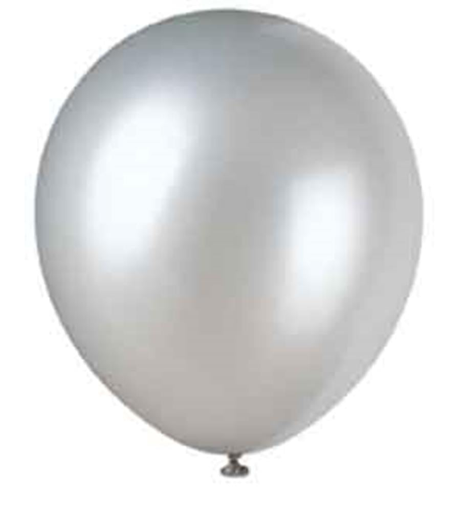 Silver pearlized 5-inch round latex balloon with a shiny, metallic finish.