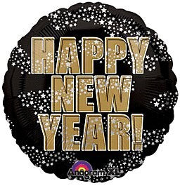 Round black foil balloon with gold "HAPPY NEW YEAR!" text and white star accents, 18 inches.