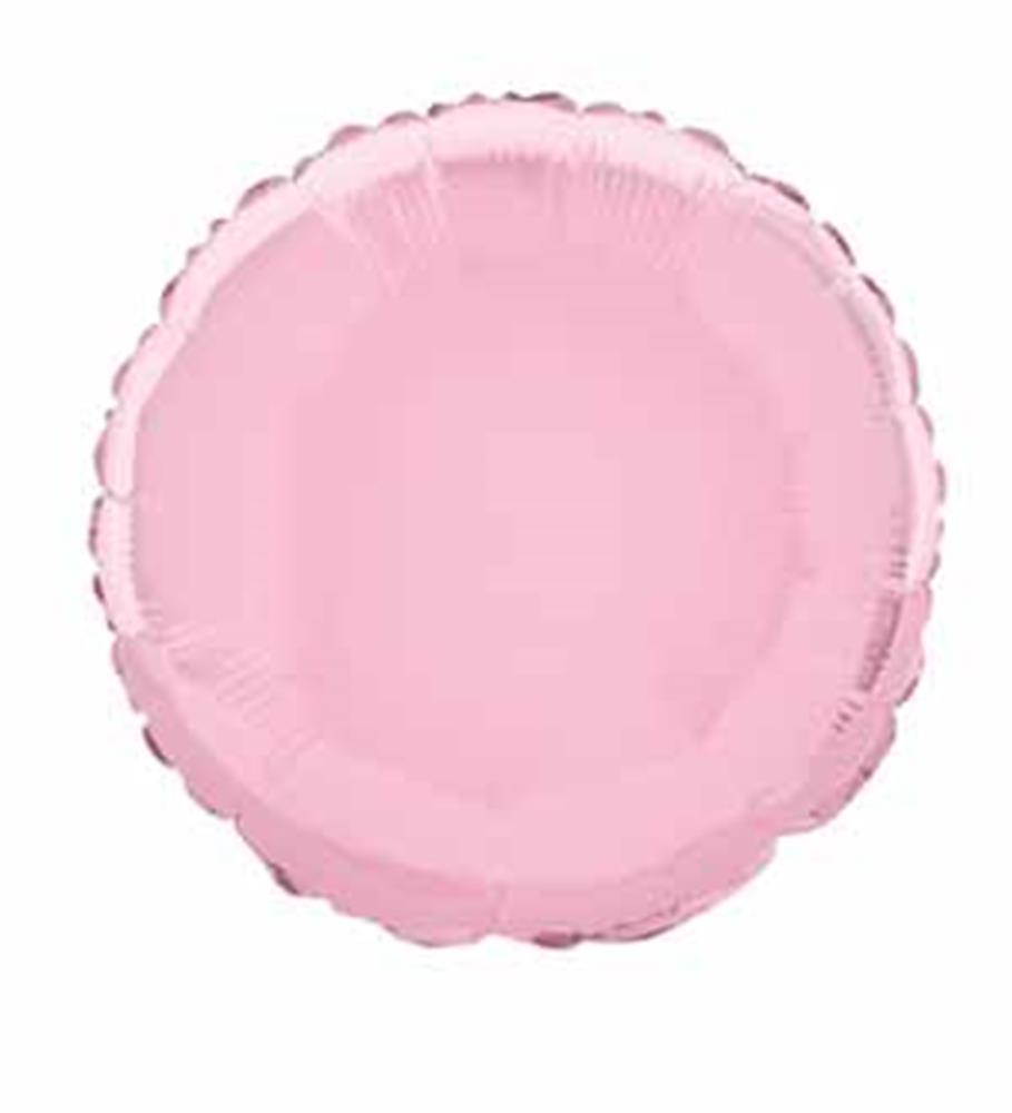 Round pastel pink foil balloon with scalloped edges, 18 inches in diameter.