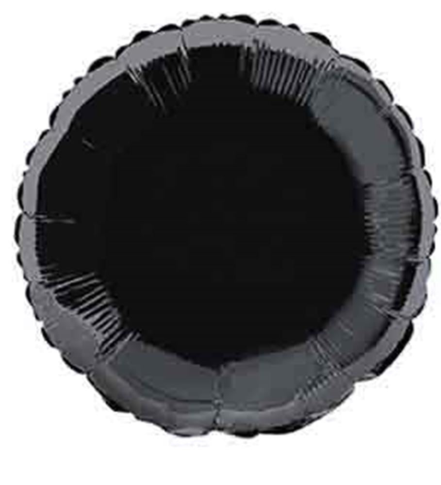 Round 18-inch black foil balloon with a smooth, shiny surface and scalloped edges.