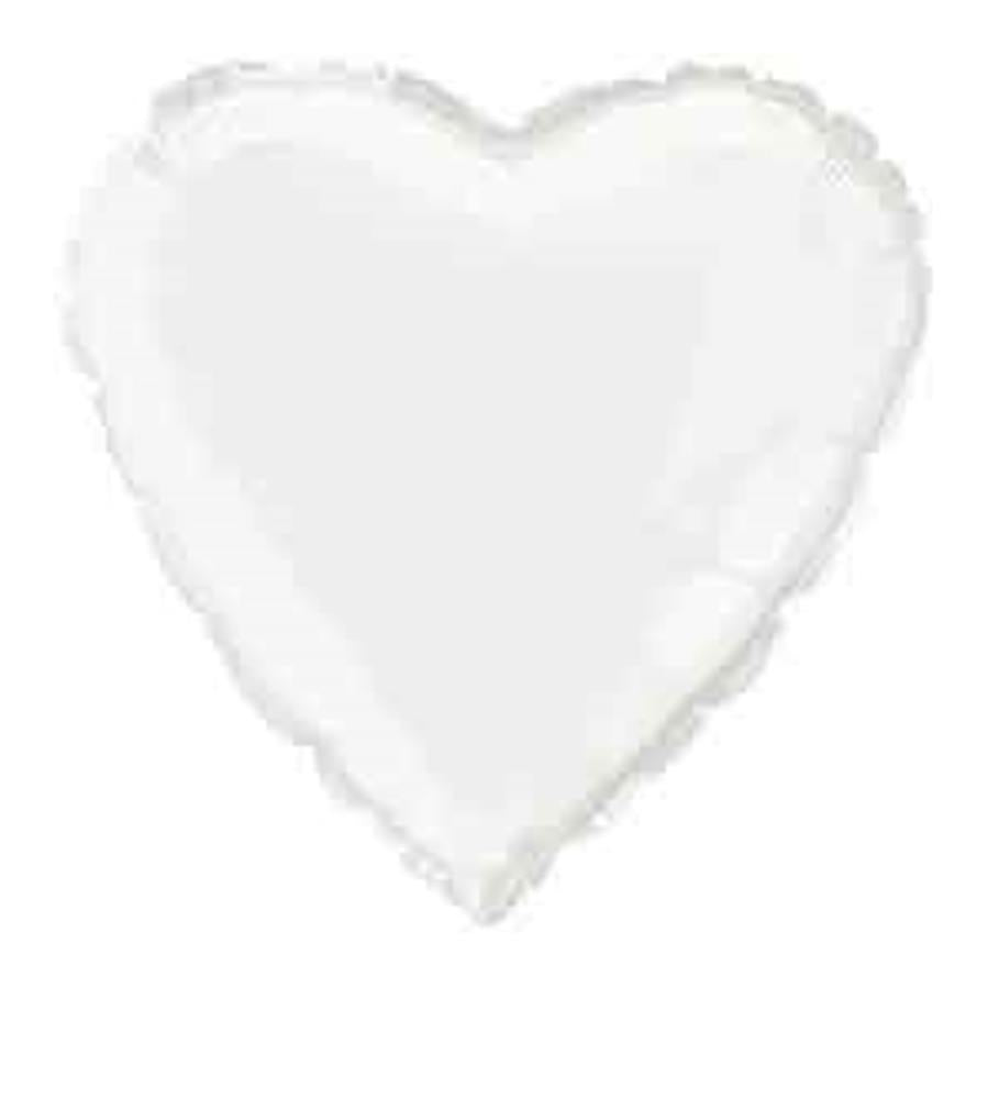 White heart-shaped foil balloon with smooth shiny surface, 18 inches wide.